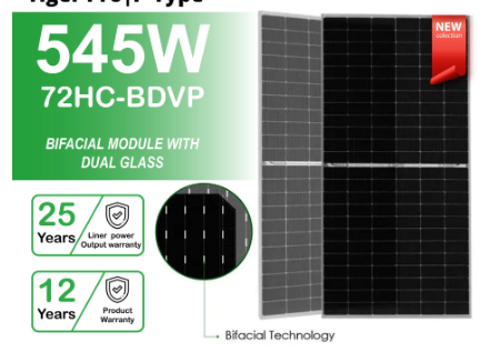Tấm pin năng lượng mặt trời| 2 mặt kính Bifacial| Jinko Tiger Pro 545W P-type |72HC-BDVP