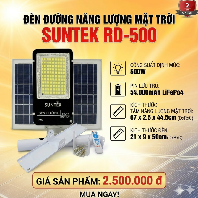 Bộ đènn đường năng  lượng mặt trời  .Model: RD-500,