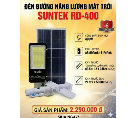 Bộ đènn đường năng  lượng mặt trời  .Model: RD-400,