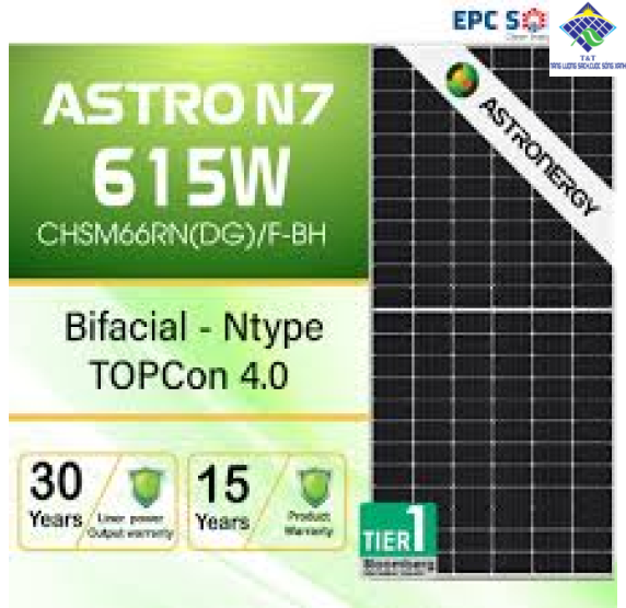 Tấm pin năng lượng mặt trời Astronergy 615W | 2 mặt kính|Ntype| ASTRO N7-CHSM66RN(DG)/F-BH
